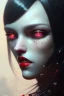 Placeholder: girl, cute, beautiful, white eyes, red lips, black hair with bangs, goth, close up portrait by Greg Rutkowski