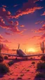 Placeholder: anime style, sunset, desert garden, a small airplane laying down and after crashed on the ground,cinematic view