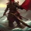 Placeholder: a pirate warrior in dark red full armor, on his ship, holding a football, a highly detailed illustration, background of giant crashing ocean waves, realistic render, 8 k, micro detail, intricate, elegant, centered, digital painting, Artstation, smooth, sharp focus, illustration, artgerm, tomasz alen kopera, peter mohrbacher, donato giancola, joseph christian leyendecker, wlop, boris vallejo