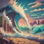 Placeholder: from sandy beach the biggest waves of the ocean can be seen splashing morning in vampire city cartoon