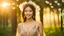 Placeholder: A gorgeous smiling Asian model in a fairy outfit in a wood with ancient trees dandelion seeds in the air at sunset