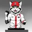 Placeholder: a drawing of a manga cat man with a sports cap and shirt, speaking at a (((lectern))) with a microphone, red, white and black colors, cat white and black colors, microphone in one hand, cat asking