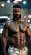 Placeholder: strong burly beefy nigerian mechanic 44 years old, curly hair, wet, short white beard, manly chest, hairy, shirtless in bulging dirty white boxer, big shoulders, tattoo, big calves, barefeet, angry, photorealistic, side light, inside a dark parking lot at night, side neon light, photoRealistic, view from the ground