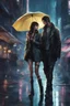 Placeholder: Science fiction, cyberpunk, city street, couple girl and guy, together, love at first sight, kiss in the rain