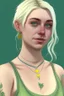 Placeholder: Realistic young woman, neck length white blonde hair in a half ponytail, pale skin, light blue-grey eyes, freckles, big boobs, big green earrings, green and gold necklace, green tank-top with blue overalls on top, grey plant tattoo on arm