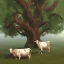 Placeholder: Cows together in the shade of a tree in their pasture, two sitting and one standing.