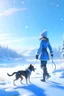 Placeholder: a pretty japanese woman, playing with her dog in the snow, crystal blue lake in the distance, happy, digital art, 4k