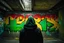 Placeholder: cyberpunk young man siluette in a black hood painted on concrete wall of underpass paints a complicated colorful uppercase graffiti text text word "WINTERMUTE", street art, graffiti green-yellow-black triotone, wall painted matte black and yellow and deep red, semi-front view, low angle, daylight, cinematic, dramatic