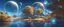 Placeholder: futuristic landscape, uninhabited planet, shiny transparent domes, several suns, magnificent blue light, magnificent trees and nature, blue river and gold flowers over there with many stars bright, spatial vessel in the blue sky