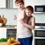 Placeholder: Realistic photo Russian shorthair beautiful tomboy boyish boylike young mother wide hips in kitchen