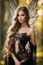 Placeholder: Gorgeous Real Photography Beautiful Super Model European woman dressing luxury Beautiful Lady Fairy with black wings,diamonds jewelry,wonderland background, close-up portrait