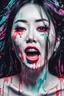 Placeholder: paper portrait of Goth Asian woman, lying pose, face distorted with pain, reverse colors, screaming, tears streaming from eyes, glitchcore, horror, ultra realist texture,