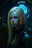 Placeholder: hyper real oil painting on canvass of blonde pierced cyberpunk Malkavian vampire chat robot portrait with clear blue-green eyes in moon light feeling in control in goth ruins Giger patterned background, zeiss prime lens, bokeh like f/0.8, tilt-shift lens 8k, high detail, smooth render, down-light, unreal engine, prize winning