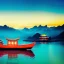 Placeholder: fullbody Drawing of 'Chinese traditional fishermen smallboat',river, mountains, intricate detail,andrea bonelli,Kilian Eng,Ohrai,evan lee,Aleksandr Sidelnikov,KyuYong Eom,three quarters frontal aerial view,toned colors,16k