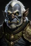 Placeholder: Portrait of an old half-orc, malevolent look, blue eyes, salt and pepper hair, wearing and heavy armor