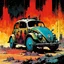 Placeholder: create an abstract, powerful, stripped down, armored, post apocalyptic Volkwagen beetle hot rod with highly detailed features, lost in a horrific industrial wasteland, in the comic book art style of Bill Sienkiewicz, Mike Mignola, and Jean Giraud Moebius , searing lines , forceful strokes, precisely drawn, inked, and colored