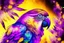 Placeholder: parrot-phoenix mix birds, a picture of togetherness, death, resurrection, purple in sunshine, watercolor and black ink outlines, sparkling golden glitter, ethereal, cinematic postprocessing, bokeh, dof