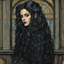 Placeholder: create a 3/4 profile, full body oil pastel of a dark haired, savage, ornately dressed, gothpunk vampire girl with highly detailed , sharply defined hair and facial features , in a smokey 19th century train station in the Pre-Raphaelite style of JOHN WILLIAM WATERHOUSE