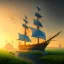 Placeholder: blue transparent ship on the left, green meadow, sunset, photorealistic, 8k