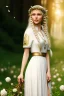 Placeholder: young elf woman, countryside, blonde braids, trees, magic, motif, white dress, cinematic, forrest, happy, 3d art, alfons mucha, photography, smile, nature