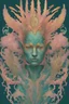 Placeholder: A fish-like man with orange and gold fins, pink coral coming out from his head like a crown, green flowing hair, teal skin, and dawning armor made by a goddess