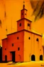 Placeholder: A yellowish orange colored electrical stronghold designed in Mayan architecture painted by Lyonel Charles Feininger