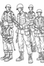 Placeholder: Outline art for coloring page OF A SET OF SMALL AMERICAN TOY ARMY SOLDIERS, coloring page, white background, Sketch style, only use outline, clean line art, white background, no shadows, no shading, no color, clear, looking down at the scene