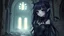 Placeholder: a dark fantasy anime character with large expressive dark eyes goth make up, dark-purple-black-silver color long hair that appears to flow like water. The surreal stunning character wearing a whimsical dress adorned with gothic patterns , silver lines, lacy, and standing in a surreal, nightmare haunted hall. ruins, random dark fantasy background, pale light, raven, spider on corner