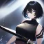 Placeholder: Clear focus,High resolution, black short fluffy hair, long fluffy bangs, and dark blue eyes, Depressed girl, wearing a black short shirt with a black sleeveless crop top, dark aura, controlling water, in a black room, holding a katana