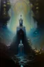 Placeholder: 1970's dark fantasy cover dnd style oil painting of an holographic coronation of the tiny king in the mist with minimalist far perspective in an abstract pattern background.