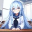 Placeholder: Clear focus, High resolution, long fluffy light blue hair, hair between eyes, long locks, wearing a sailor uniform, wearing a sailor skirt, long black socks, 1girl, cartoon, cute, UNFOTABLE studio