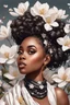 Placeholder: create an urban culture art image of a black curvy female looking to the side with a curly messy bun in a wrapped hair scarf. prominent make up with hazel eyes. 2k Highly detailed hair. Background of white magnolia flowers surrounding her