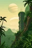 Placeholder: Vector safari jungle view from the side of a mountain with abandoned overgrown skyscrapers on Jupiter