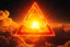 Placeholder: a nuclear explosion cloud, behind an orange glowing omega like shape, all inside an equilateral triangle opening, that is like a window to a different world, radiant lines, sci-fi fantastic