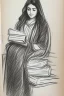 Placeholder: Pencil sketch of Young woman, Arab features,sad, long wavy hair, reading a book, full body، on lined paper