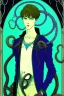 Placeholder: 16 year old boy warlock with milky blue eyes, and 1 lamprey tentacle coming out of his belly in the style of Harry Clarke