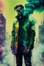 Placeholder: an impasto and tint line photo of a sad cyberpunk man standing in front of a city made of smoke, ink leak, bronze - skinned, (front view:1.6), geometric curves, featured art, philosophical splashes of colors, chartreuse influence, art brought to life, soul shock