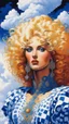 Placeholder: [art by Philippe Druillet] an impossibly tall woman with curly golden hair piled atop her head, wearing an intricately decorated blue and white gingham blue eyes as she peered down at you. surrounded by fluffy cotton-candy clouds