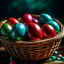 Placeholder: digital photograph of off-center modern basket colorful Easter eggs. eggs display intricate textures in azure, emerald, blush,red, crimson,gold, sapphire,metallic cinematic HDR backlighting highlights subtle dimples and glossy reflections, with shallow depth of field softening the sunlit background. hyperrealistic 8k resolution,