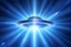 Placeholder: a flying saucer made of light and bright over a light blue galaxy. the saucer has a bright ray crossing it in a vertcal way