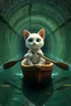 Placeholder: 3d A small white cat is riding a very small boat in the green sewer water underground and rowing with an oar.