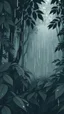 Placeholder: a dramatic scene in a dense forest under the rain. The background should feature raindrops falling around the leaves.thin line draw