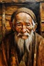 Placeholder: oil painting on rough wood, uneven textures, a very old monk