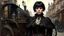 Placeholder: body portrait of a gothic woman with a black bob with a full fringe hairstyle, dressed in brown leather trousers, waistcoat, and gloves, in a Victorian street next to a steam carriage, full colour