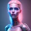 Placeholder: cyberpunk, head, women, portrai, tron sketch of a girl on lined paperA beautiful one nude body of a make up smiling woman blond long hair, alone, high key lighting, volumetric light high details with white stripes and blue eye, smiling with plump pink lips, flowers around, unreal engine petit prince belle fine, profil de trois quart, grand front cosmique, peau bleu cristalline, yeux bleu, perle sur le front long cheveux blond et rose etoilé, cristaux sur le corps, collier de grande princesse, l