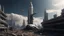 Placeholder: A small, long, sleek Spacecraft in a ruined alien city, surrounded by tall damaged buildings, clear sky, small white clouds, photorealistic