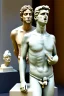 Placeholder: in a modern art display, two famous statues are next to each other, one is David and the other is the Discobulus statue. The discobulus hand covers the private part of David, they both look disgusted at each other