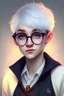 Placeholder: 17 years old girl with a short white hair and long bang and gray eyes, wearing glasses, use the magic spells, wand, Harry potter, night