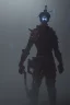 Placeholder: samurai robot in black and cloak in a cyberpunk environment