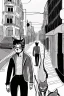 Placeholder: Street, two catmen walking. Graphic novel style Isabel Kreitz